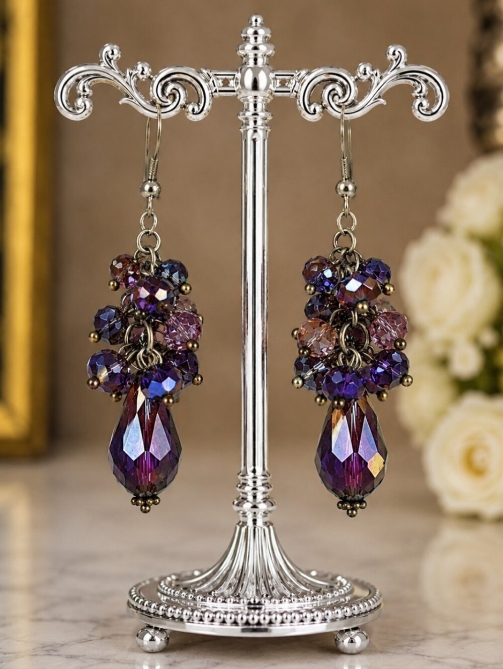 Purple AB Eggplant Aubergine Faceted Glass Crystal Teardrop Pierced Earrings 925